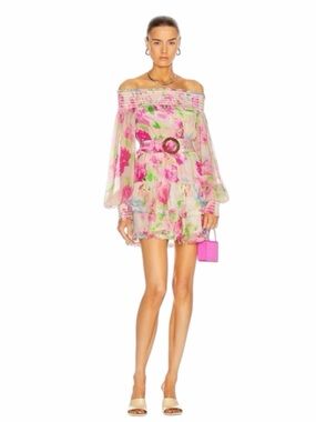 Rococo Sand Floral Off Shoulder Mini Dress Pink Belted Balloon Sleeve Small